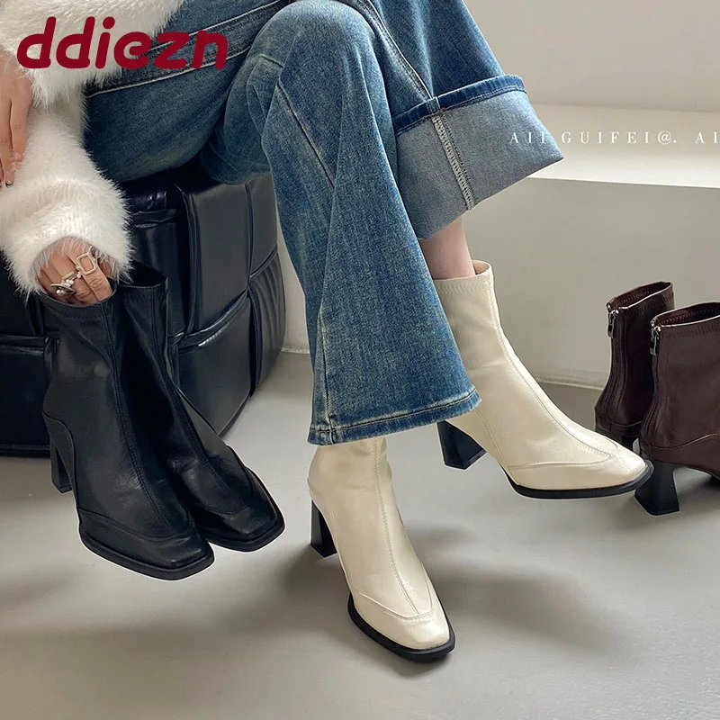 

2025 модные женские ботильоны на молнии, эластичные ботинки на каблуке, женская обувь для вечеринок, короткие современные ботинки, туфли-лодочки