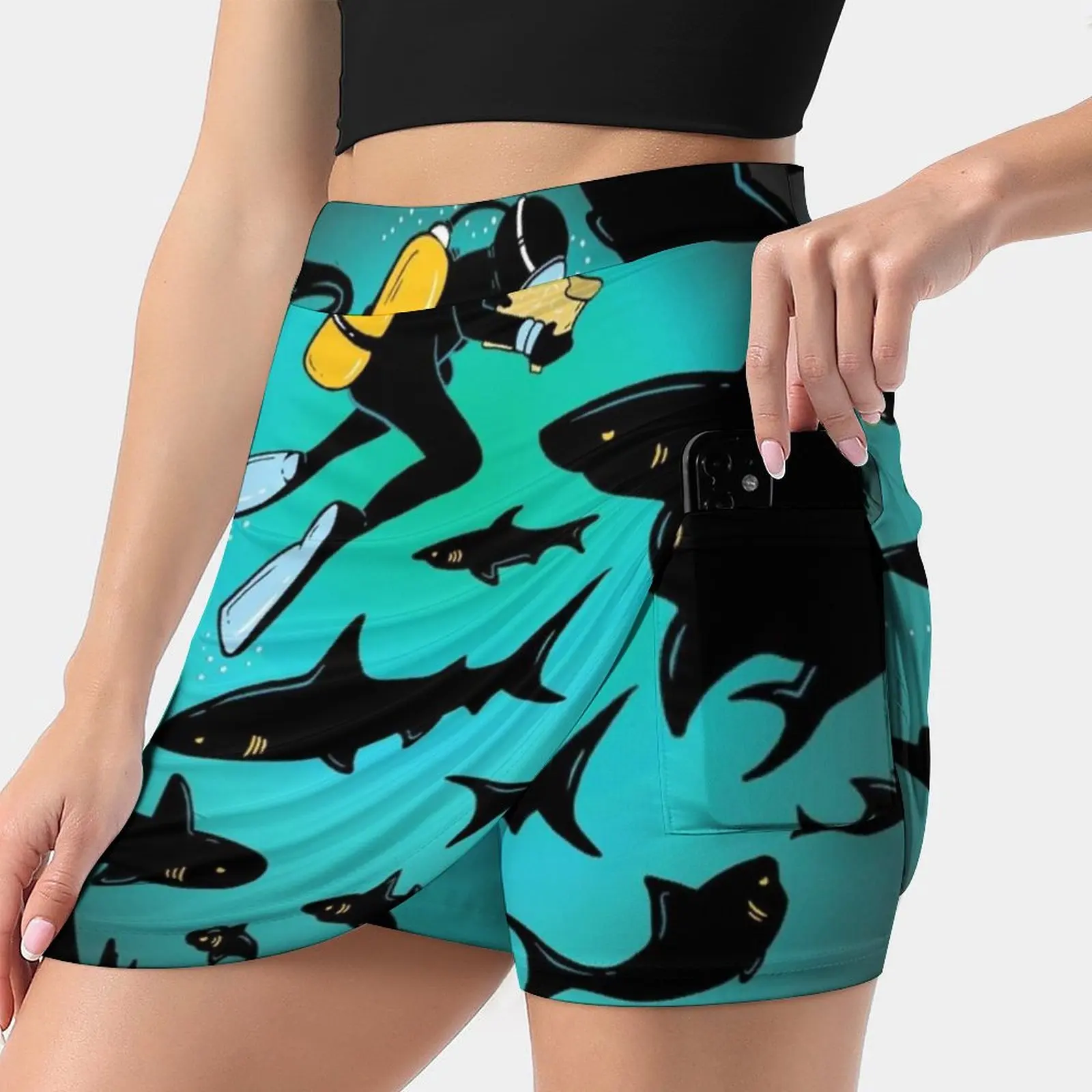 Screwed | Funny Shark And Diver Illustration Korean Fashion Skirt Summer Skirts For Women Light Proof Trouser Skirt Scuba Diver