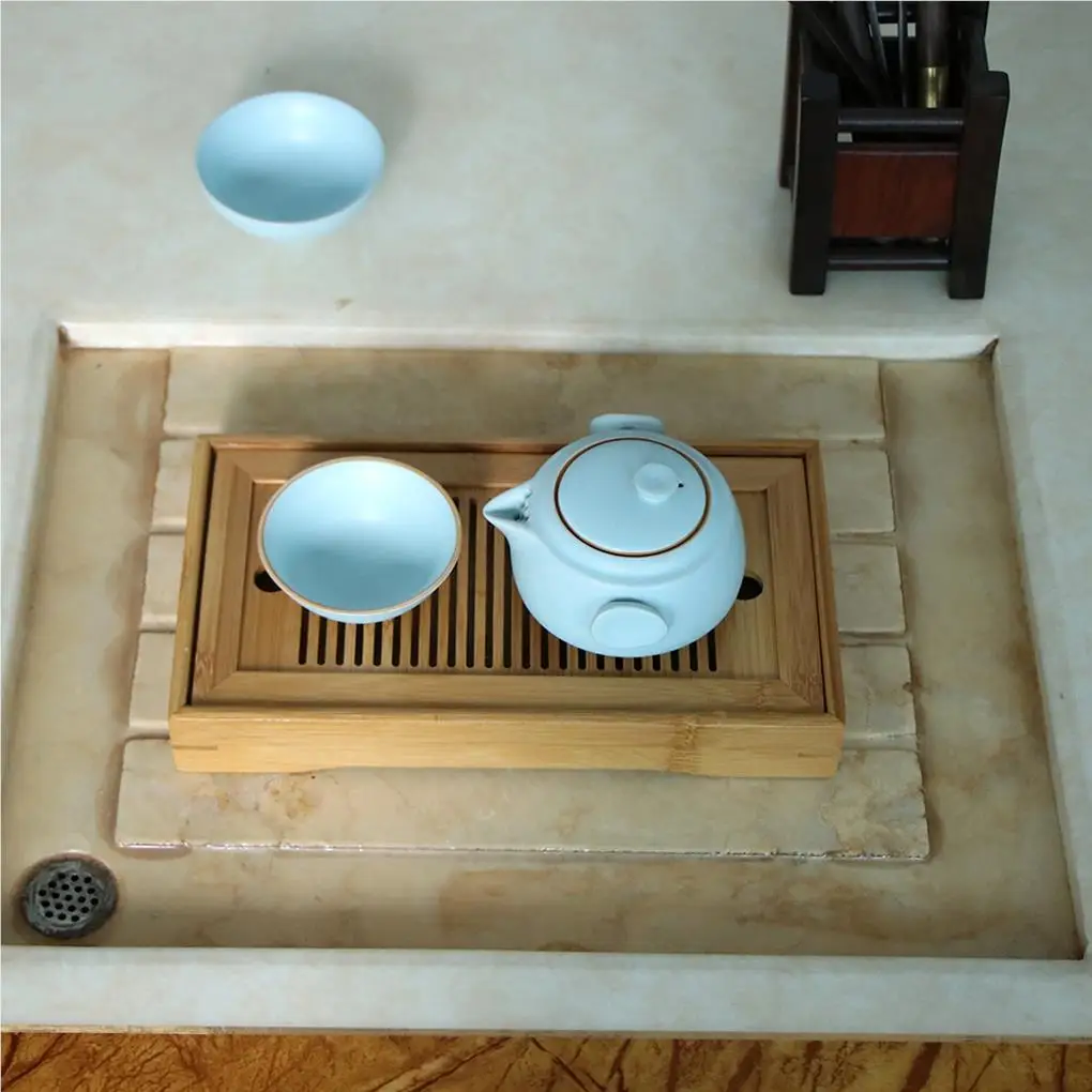 Tea Tray Water Drain Rectangle Shape Chinese Solid Serving Table Saucer Household Teaware Board for Teahouse Ceremony