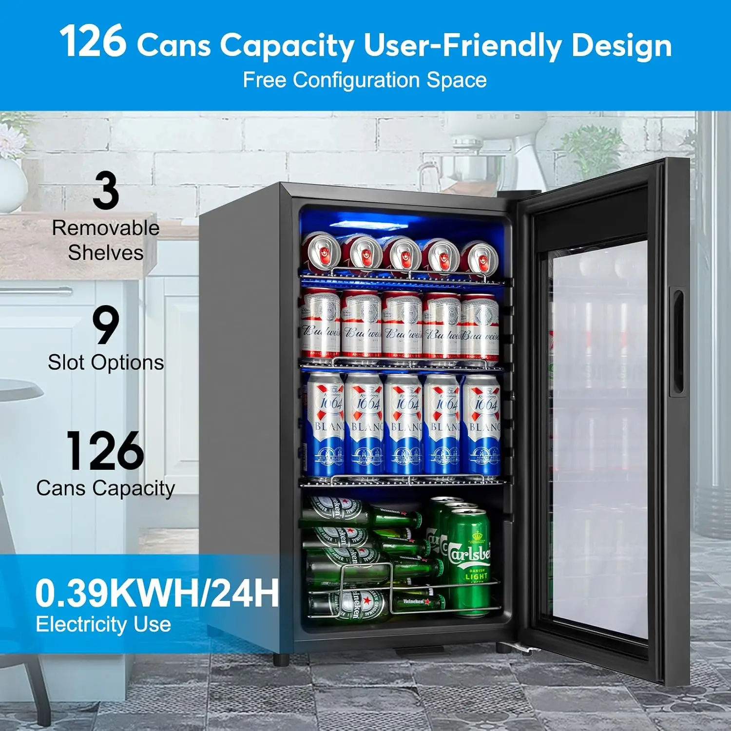 Refrigerator 17 inch Wide - 126 Can Beverage Cooler with Glass Door | Counter-Top/Freestanding Mini Beverage Beer Fridg