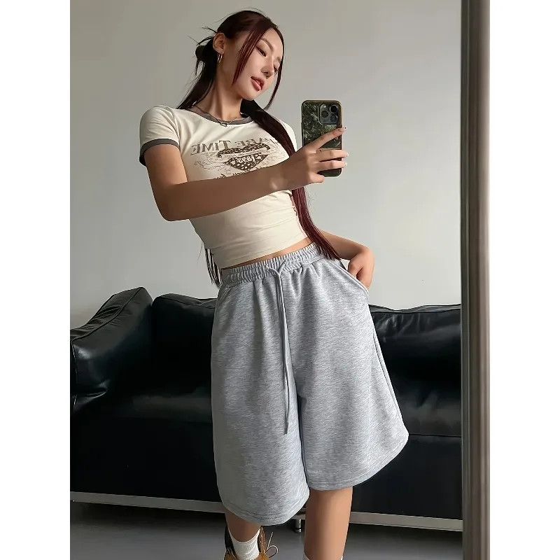 

Women's Street Retro Elastic Waist Wide Leg Shorts, Gray Straight Leg Shorts, Loose Shorts, Summer New Style
