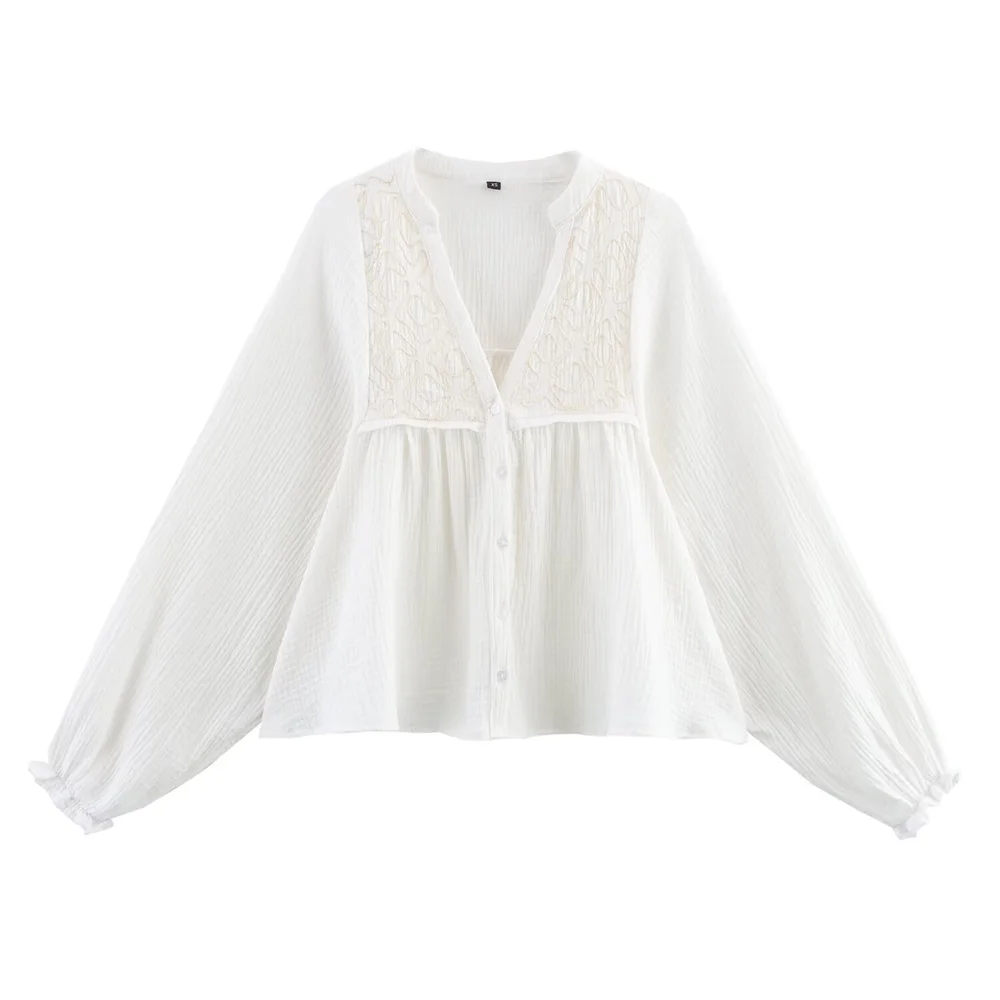 

PB&ZA2025 Women's Refined Effortless - chic Soft Flared Exquisite White Embroidered Long - sleeve Button - down Blouse