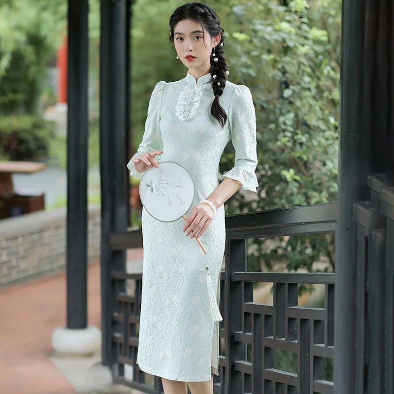 Lace Patchwork Light Green Cheongsam Vintage Half Sleeve Chinese Traditional Dress Slim Female Women Long Qipao S To 3XL