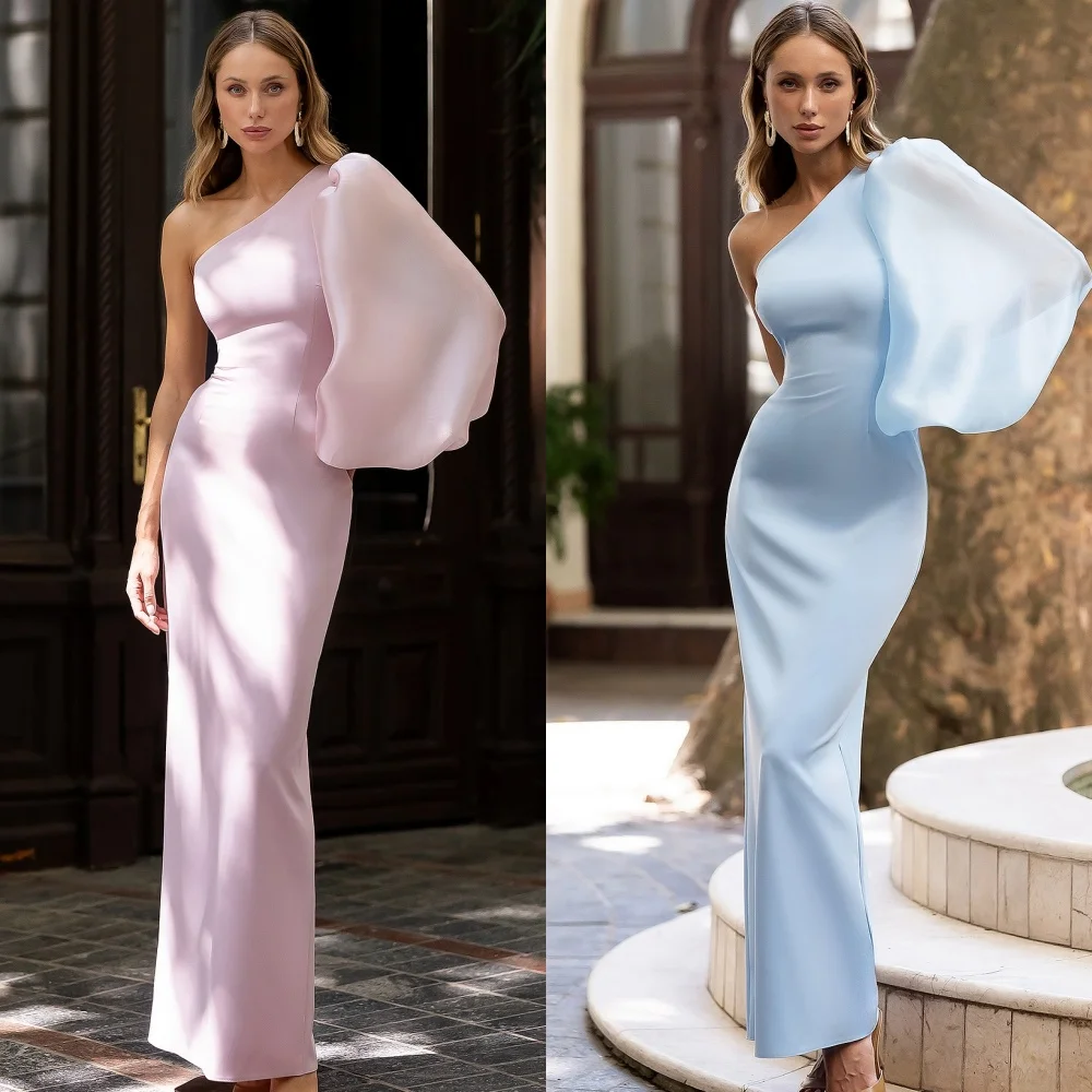 

Customized High Quality Classic Jersey Ruched Straight One-shoulder Ankle Length Dresses Bespoke Occasion Dresses Simple Elegant