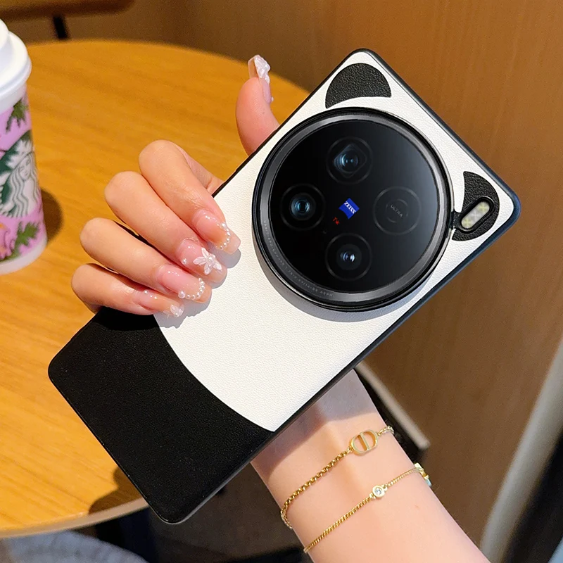 Panda Cartoon For VIVO X100 Ultra Case Color Matching Simple Plain Leather Anti-fall Cover For VIVO X100 X100S Pro Funda