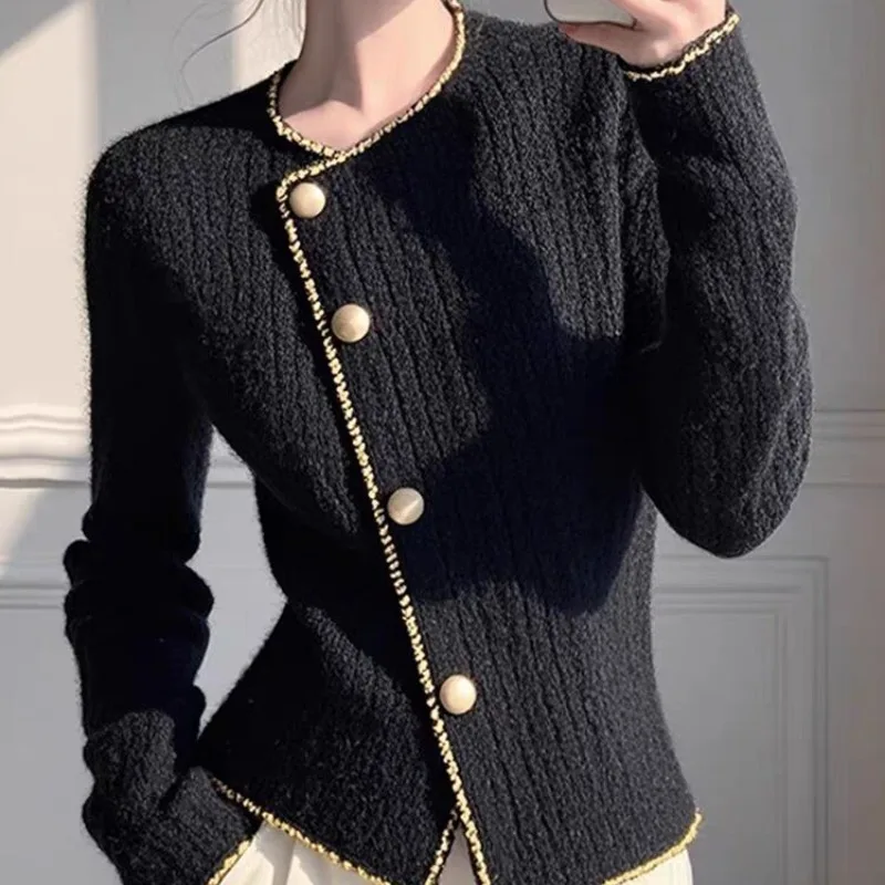 Autumn Winter Vintage Fashion Thick Warm Solid Knitted Cardigan Women's Clothing Elegant Slim Wool O-neck Soft Sweaters