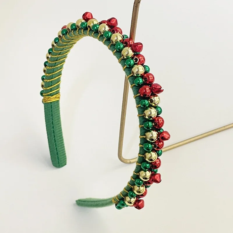 Bandeau de cloche de Noël, bande de sauna, cloches de perles rouges et vertes, glouton, enroulement perlé, accessoires pour cheveux