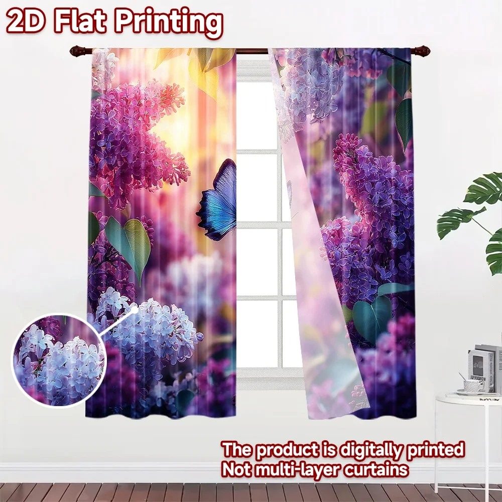 2D flat printing 2pcs Drapes Butterfly Lilac Flowers Garden Digital Printed Polyester Drapes Birthday Party for Indoor