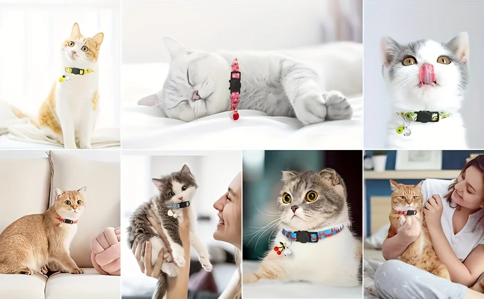 Katzenhalsbänder mit Fruchtmuster, 7er-Pack, Katzenhalsbänder, Fruchtmuster, abreißbare Schnalle, reflektierendes Sicherheits-Kätzchenhalsband mit Glöckchen und Anhänger – Detail 2