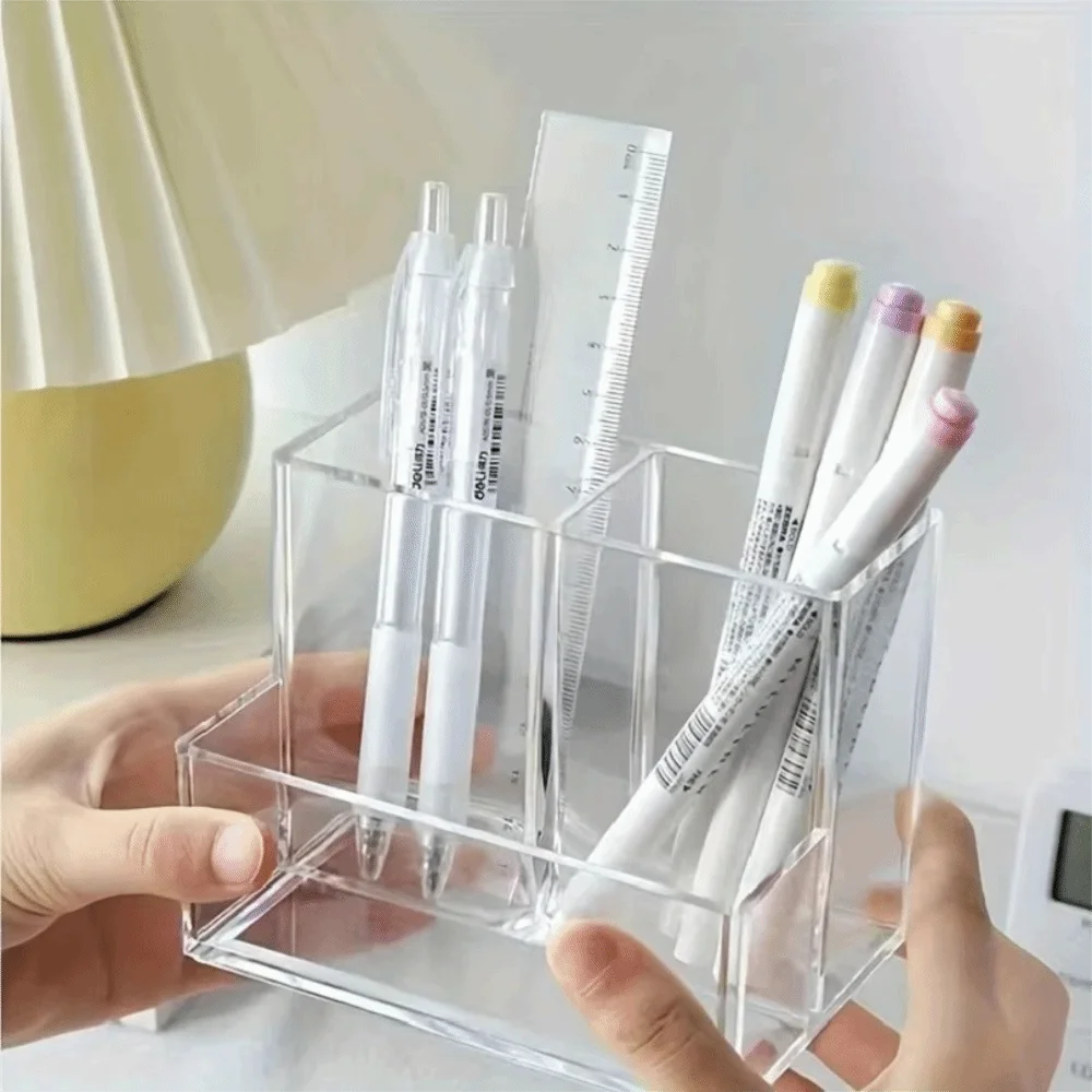 Table Organizer Transparent Pen Holder Acrylic Simplified Design Makeup Organizer Three Grid Storage Box Student Desk