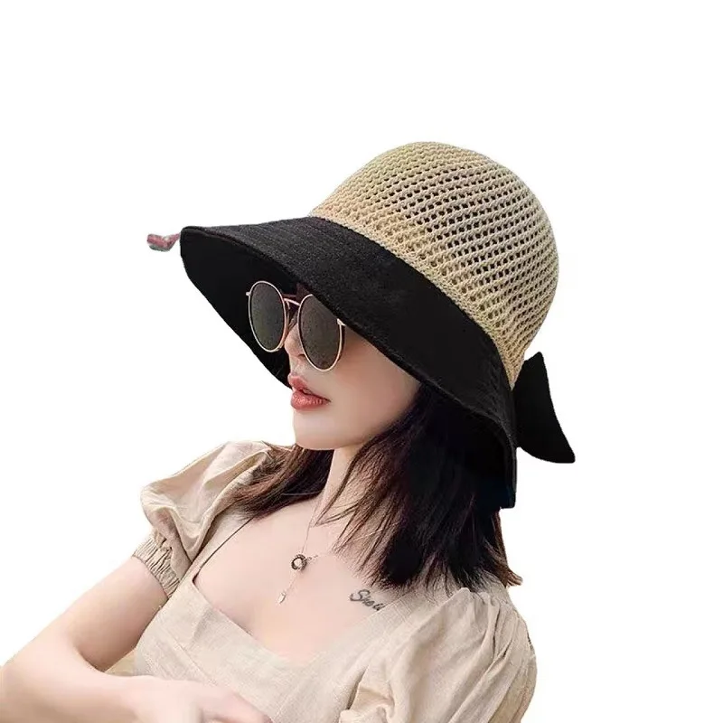 Outdoor UV Protection Sun Hat Summer Women\'s Bucket Foldable Basin Sunscreen Cap Bow Hollow Stitching Panama Hats Fisherman