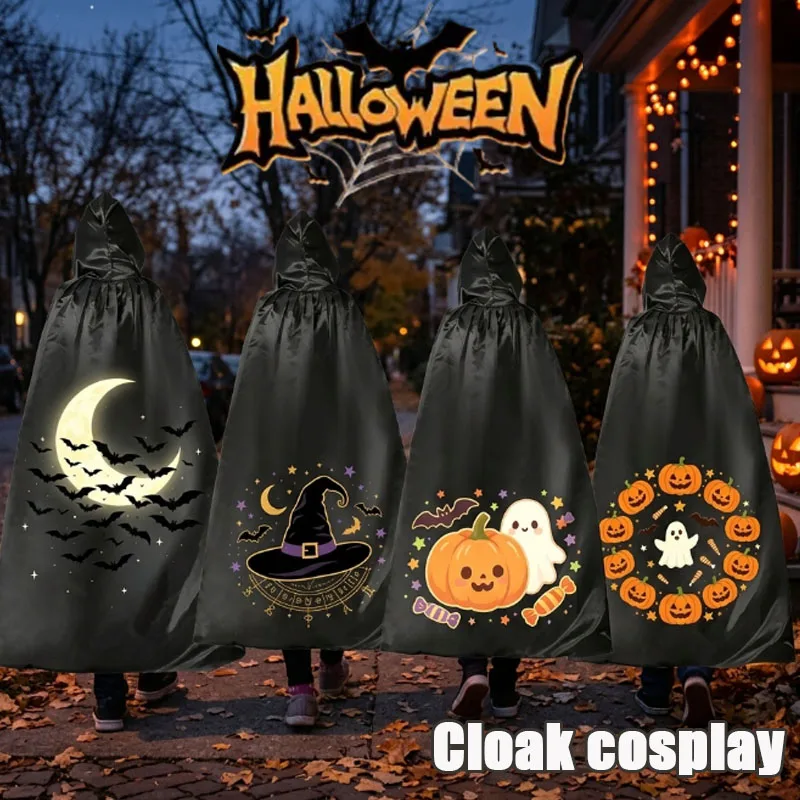 1-4PCS 90cm Halloween Cloak Black Wizard Robe Medieval Witch Cape Costume for Adults Kids Cosplay Party Dress Up Halloween Event