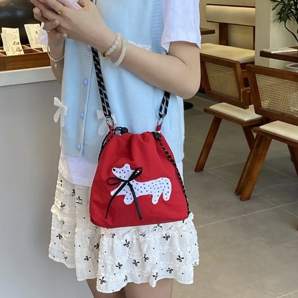 

Cartoon Nylon Shoulder Bag Embroidery Large Capacity Drawstring Crossbody Bag Solid Color Multicolor Mobile Phone Pack Outdoor