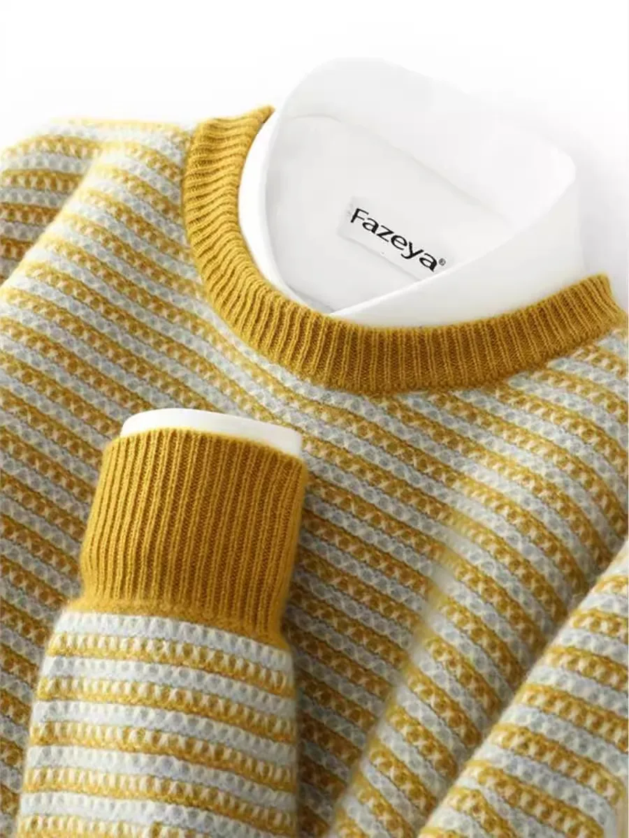 

Мужской вязаный шерстяной свитер свободного кроя с круглым вырезом и полосатым узором, осенне-зимняя новинка, молодежный, энергичный, с длинными рукавами, базовый.