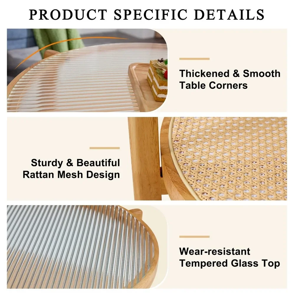 Round Coffee Table with Glass Tabletop & Rattan Woven Shelf 2-Tier Coffee Table