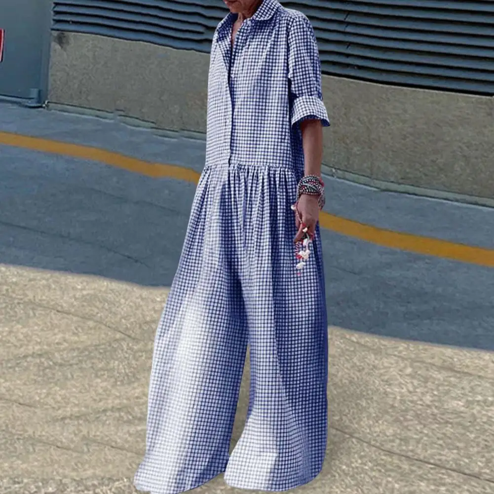 Women Plaid Jumpsuit Check Print Wide Leg Jumpsuit with Long Sleeves Turn-down Collar for Women Loose Fit One Piece with Crotch