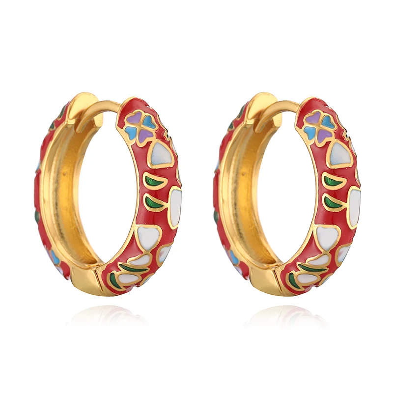 HECHENG, Colorful Flower Small Hoop Earrings Metal Enamel Flowers and Plants Circle Huggie Hoops Female Trendy Jewelry Gift