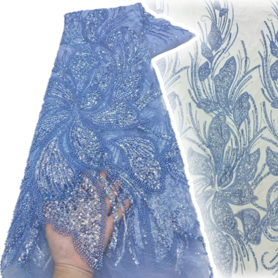 

Gorgeous Colorful Women Wedding Party Dress Lace Fabric Handmade Beaded Embroidery Full Sequins African High Quality Fabric 2586