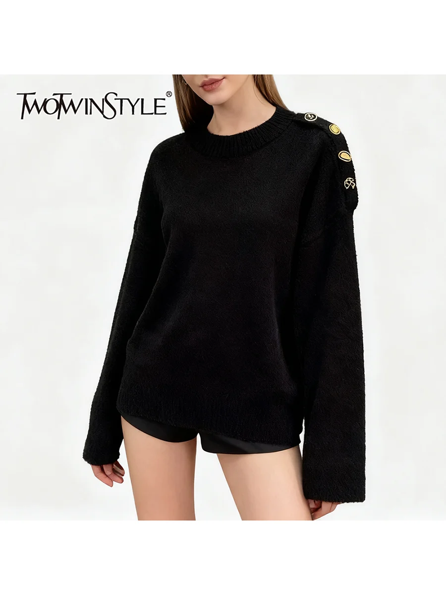 

TWOTWINSTYL однотонные свободные свитера с нерегулярными пуговицами для женщин, повседневный свитер с круглым вырезом и длинными рукавами, женская мода, новинка