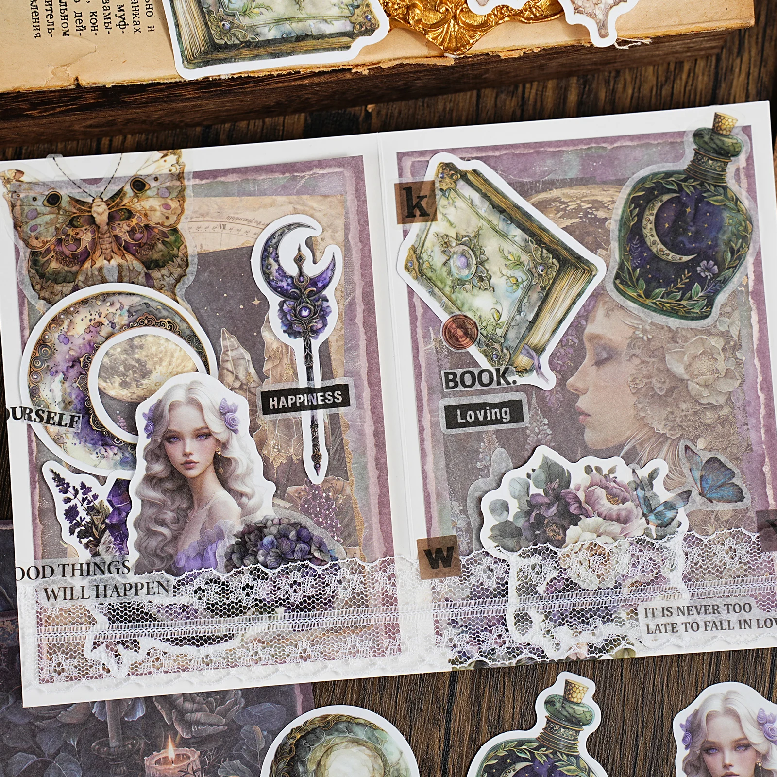 Etori Life Fantasy World Exploration Series American Retro Character Adventure Pattern Journal Stickers Material Book Dual Material DIY Album, Wallpaper, Handmade Scrapbook, Vintage Party, Artwork, Gift Paper Bag, Student Stationery Decoration, Children's Stickers