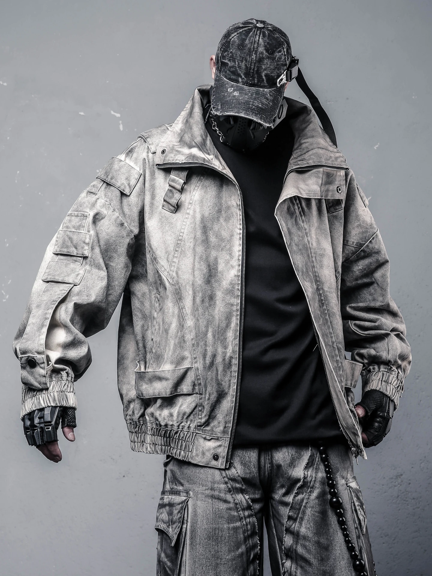 Fashion Heavy Industry Washed and Worn Patchwork Stand-up Collar Flight Jacket Waste Soil Mechanical Style Dirty Wash Loose Coat