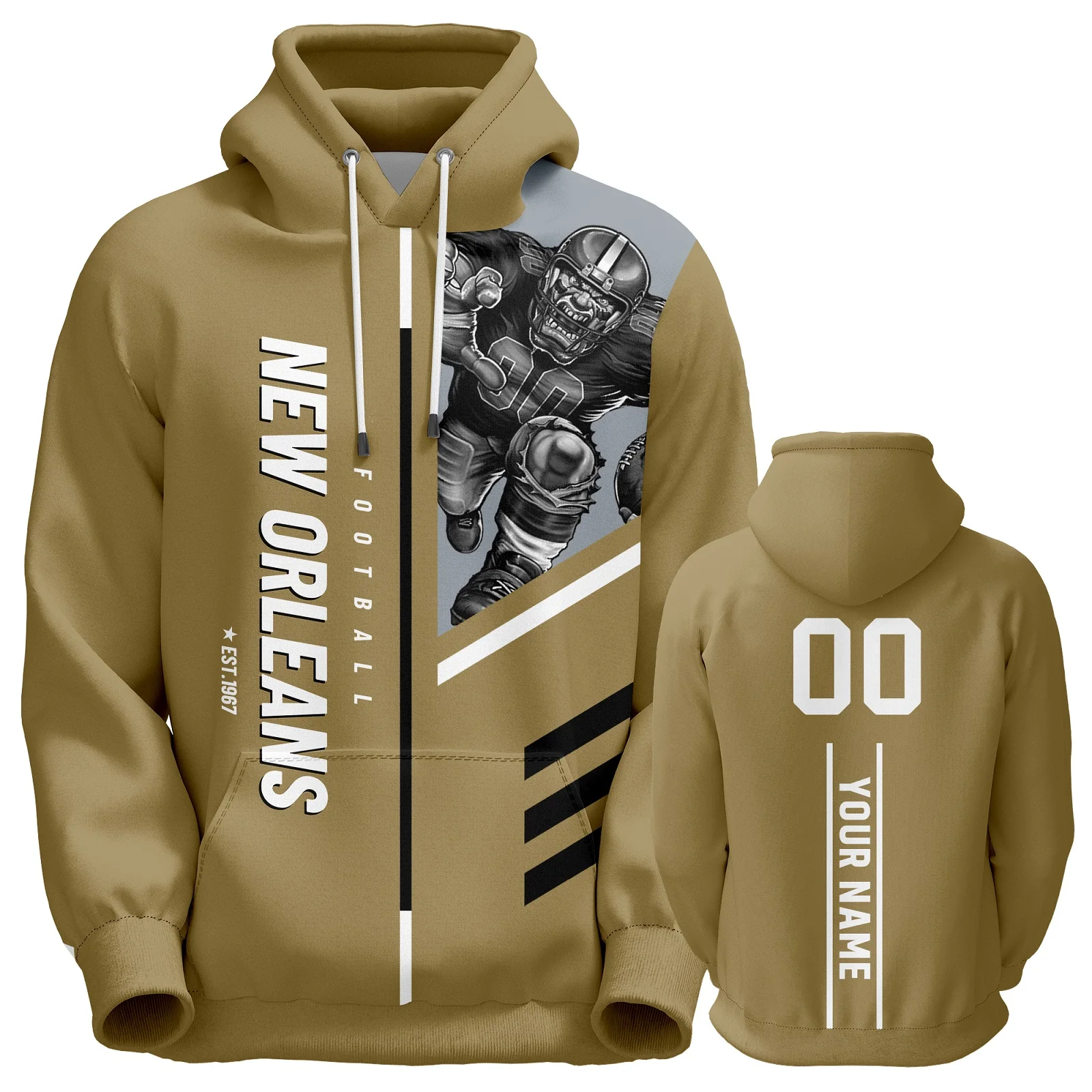 Sudadera con capucha de fútbol personalizada de Nueva Orleans American, sudadera con estampado 3D de mascota de ciudad, número de nombre personalizado para mujeres, hombres, regalos juveniles