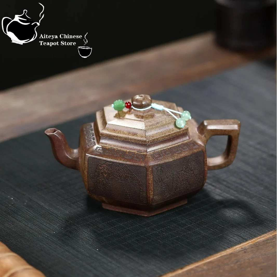 Yixing purple clay teapot, original ore, wood fired agarwood mud, hexagonal auspicious beast teapot, Kung Fu Chinese tea set