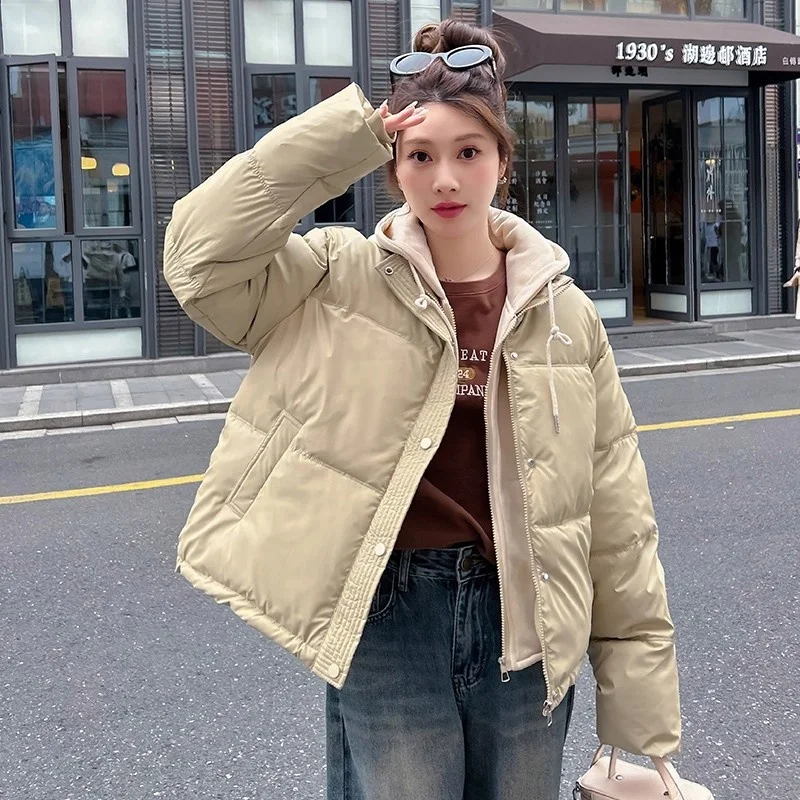 Giacca da pane in finta pelle PU in due pezzi, Parka corta da donna in cotone spesso antivento Cappotto invernale con cappuccio coreano w1676