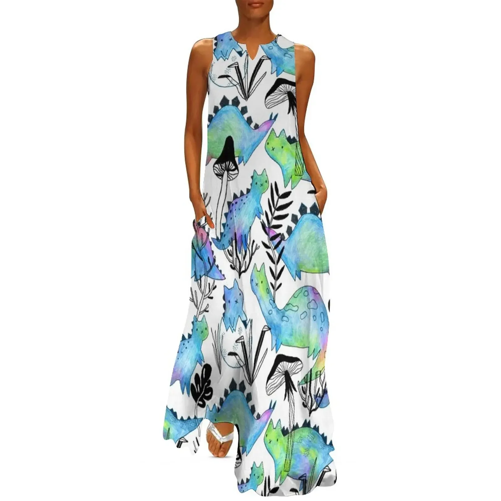 Catosaures et plantes crayon. Chats et champignons dinosaures amusants. Robe longue d'anniversaire pour femmes, robe de bal de luxe, 2025
