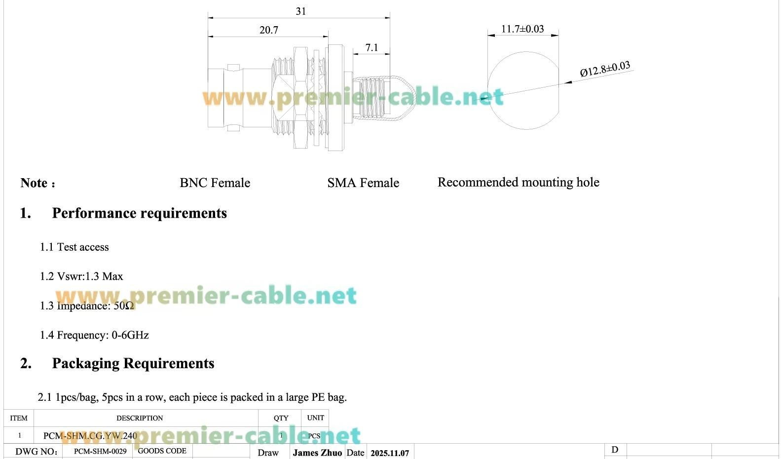 BNC-Buchse auf SMA-Buchse Schottwandadapter 50 Ohm HF-Koaxialstecker für HF-Antenne, SDR-Radio, Amateurfunk, Testgeräte – Detail 1