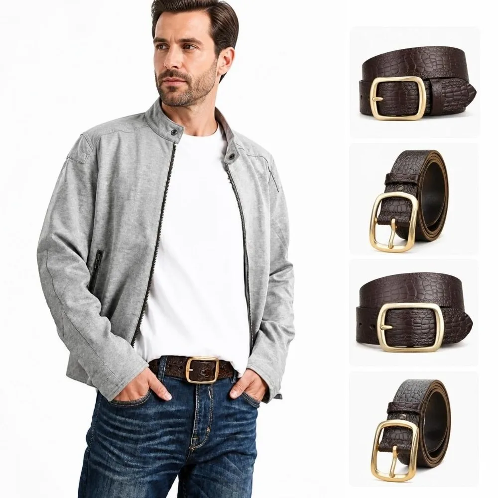 Embossed Texture Faux Leather Belt Durable Stitching Adjustable Pin Buckle Belt Casual Alloy Pin Buckle Crocodile Grain Belt