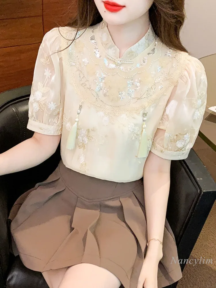 New Chinese Style Short Sleeve Apricot Chiffon Shirt Women\'s Summer 2024 New Elegant Top Embroidery Beaded Puff Sleeve Blouses