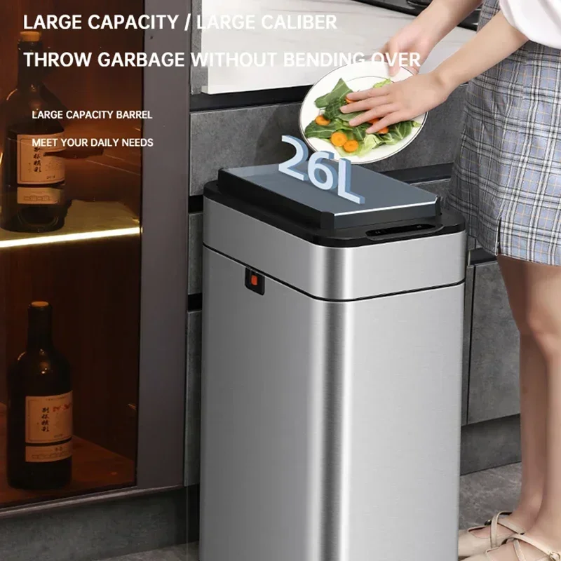 （한국 배송 불가）9/15/20/30/40/50/60L Large-capacity Stainless Steel Smart Sensor Trash Can Garbage Bin Automatic Waste Bins