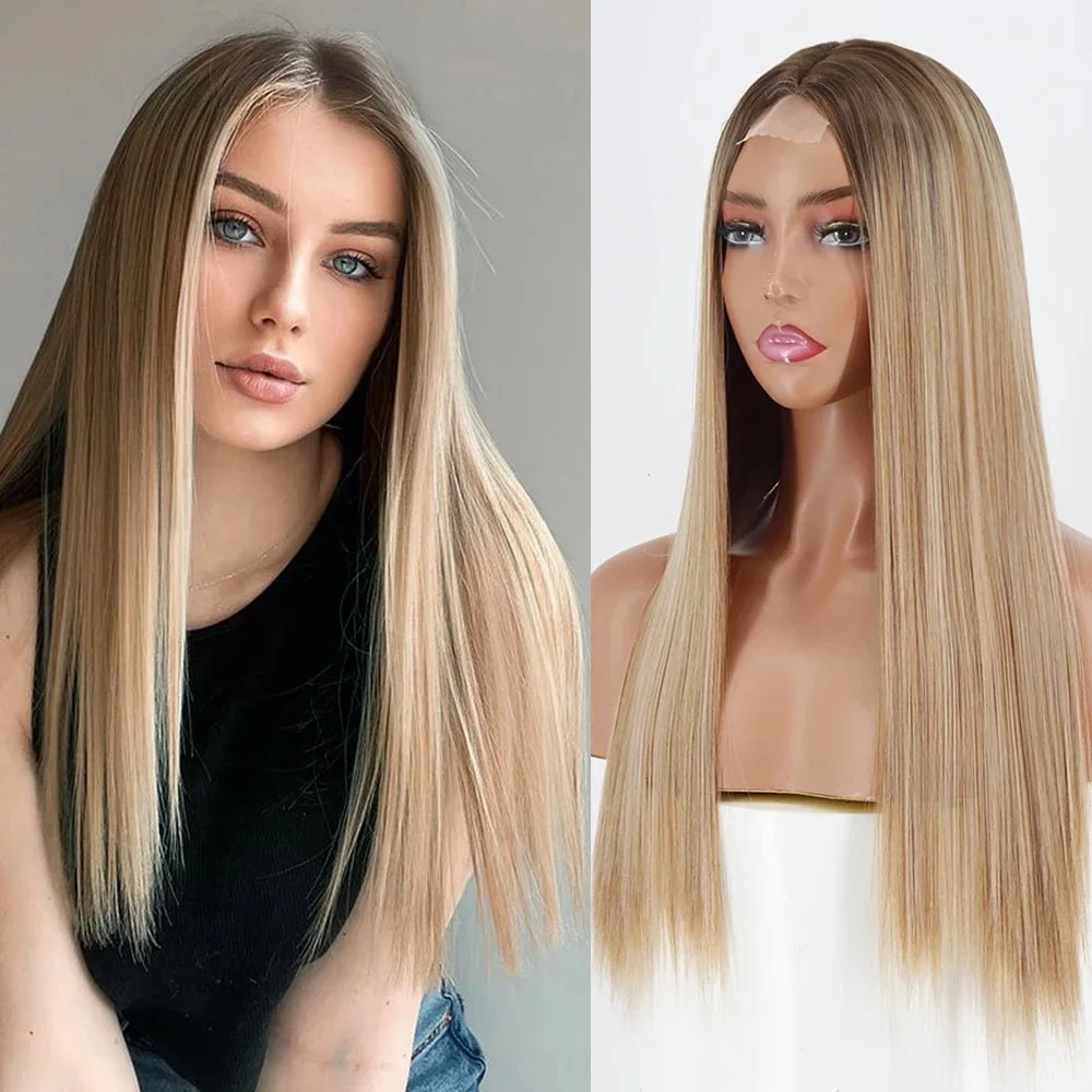 

Long Straight Blonde Brown Mid Section Synthetic Wig for Women Everyday Wear Heat Resistant Natural Hair Halloween Cosplay Party