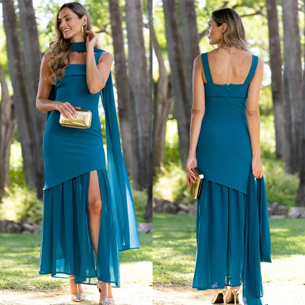 

Customized Matching Fashion Jersey Pleat Draped A-line Square Neck Midi Dresses Bespoke Occasion Dresses Exquisite Elegant Retro