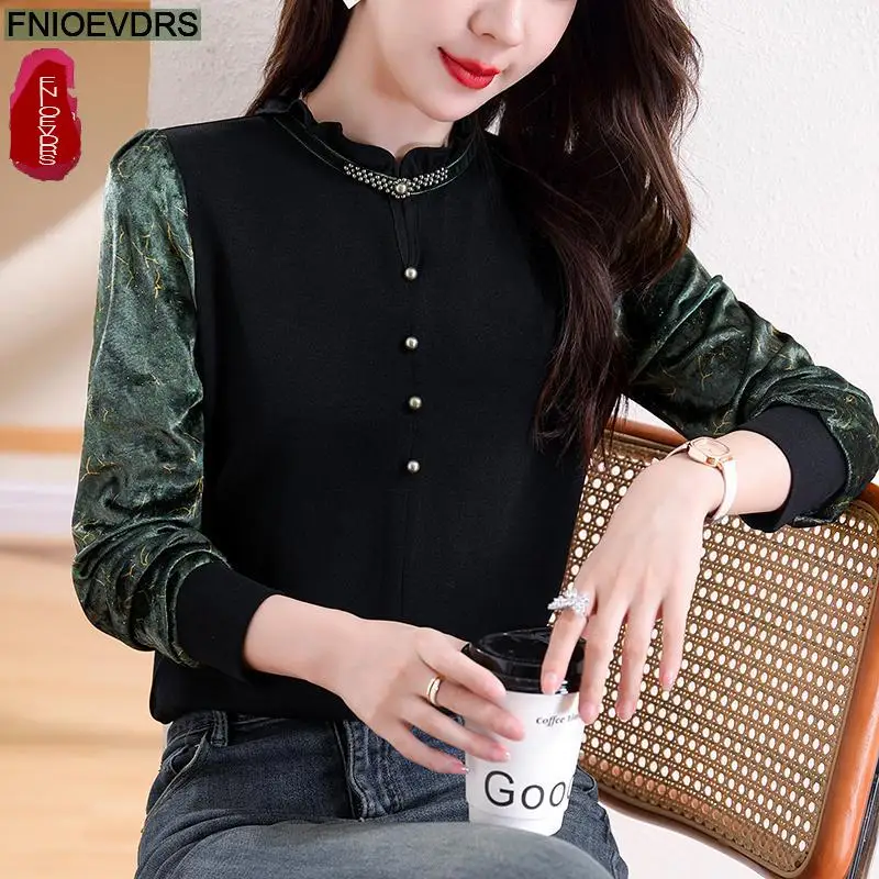 Office Shirts Basic Wear New Design Women 2024 Autumn Winter Patchwork Green Long Sleeve Retro Black Velvet Tops Blouses