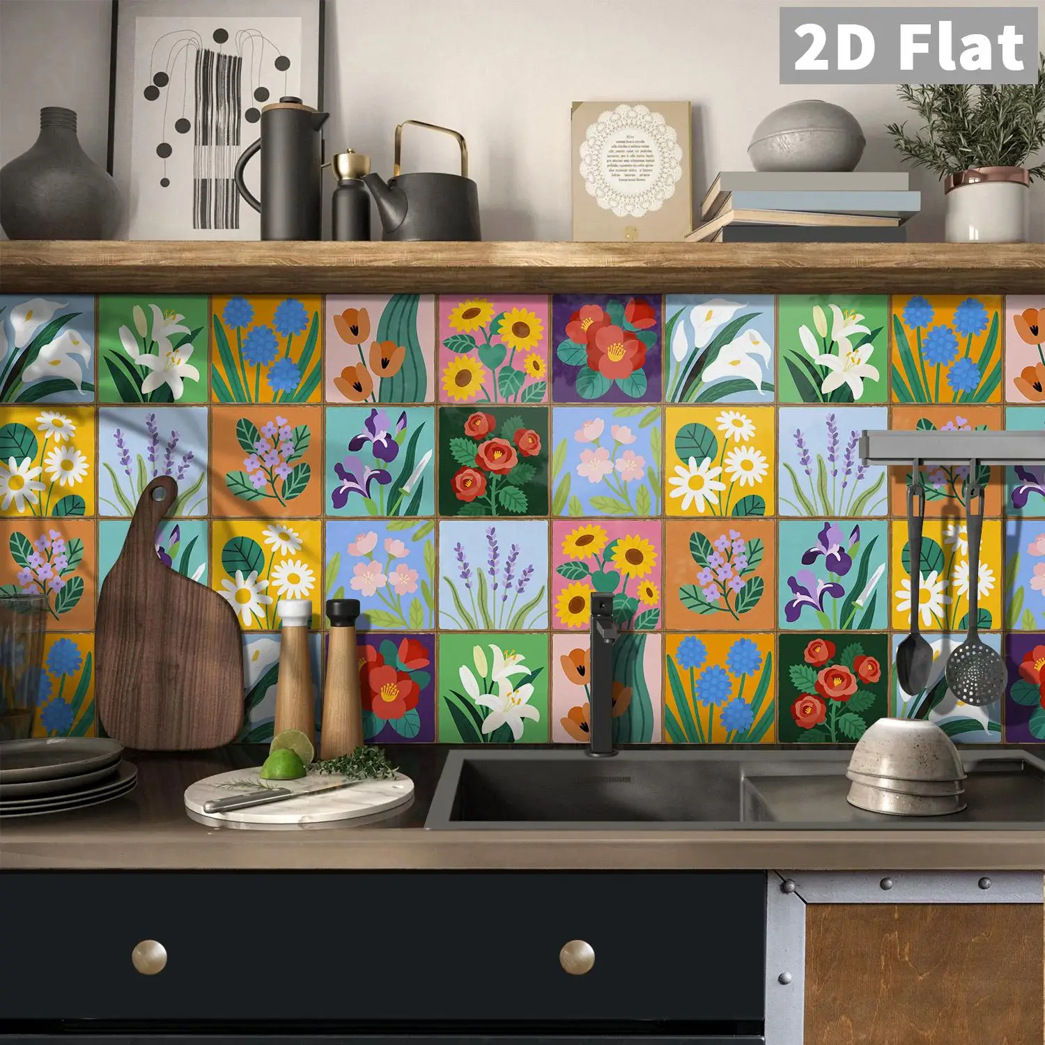

Flower art ceramic tile stickers, bathroom, kitchen living room, self-adhesive waterproof and heat-resistant decorative stickers