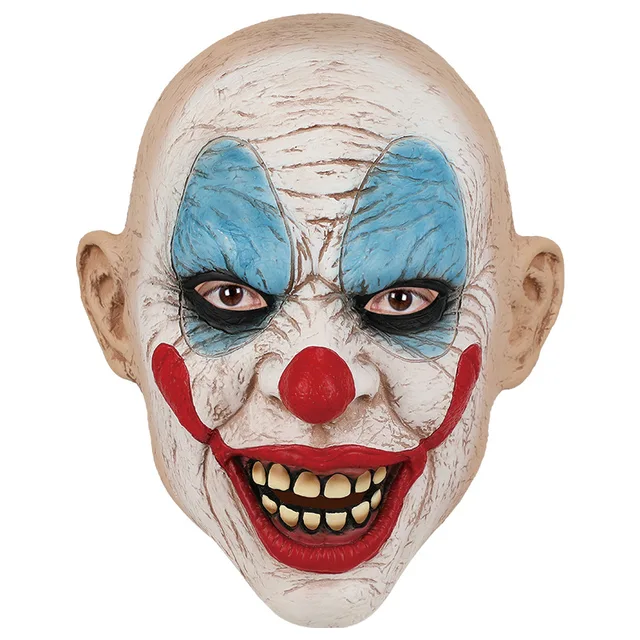 Scary clown Halloween mask with blue eye makeup, red nose and creepy grin