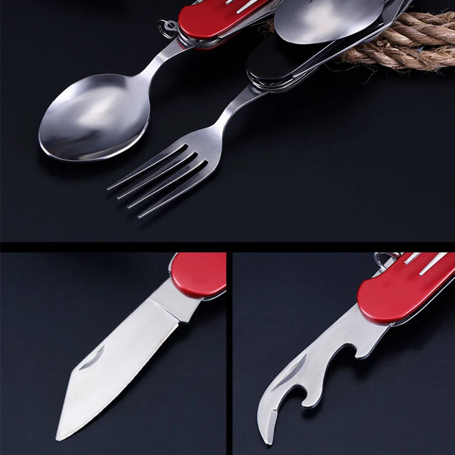 New 6 In 1 Outdoor Camping Tableware Stainless Steel Foldable Knife Fork Combination For Hiking Survival  New In Multifunctional