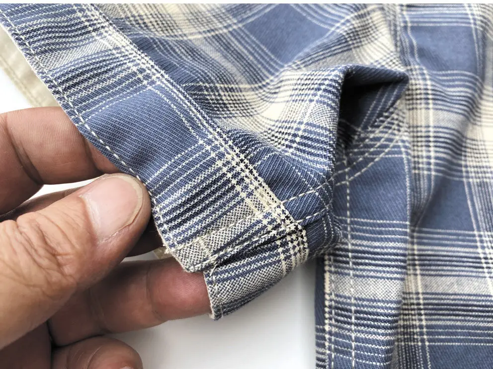 Neue Sommer-Kurzarm-Hemden mit Revers und Karomuster für Herren, einfache 100% Baumwolle, mit einer Tasche, lässige Blusen im amerikanischen Retro-Stil, lockere Oberteile. – Detail 15