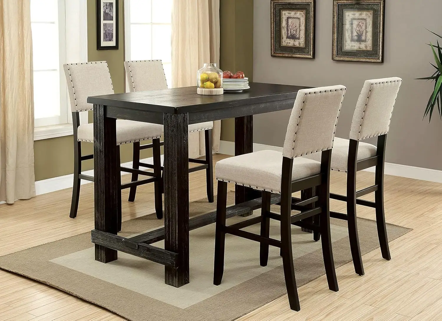 Counter Height Dining Bar Set With Table And 4 Chairs, Rustic Antique Black Finish, Ivory Linen Cushions