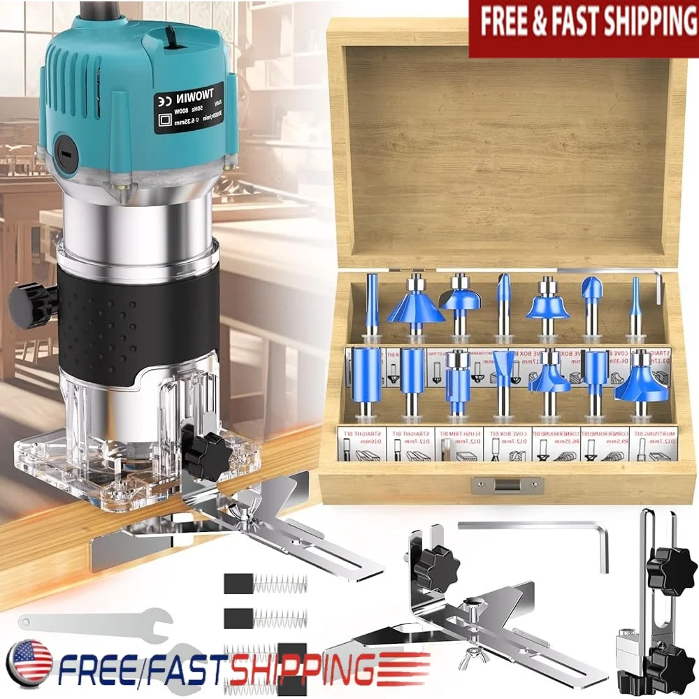 

Compact 800W Electric Wood Router Tool 30000RPM Trimmer with 15 Router Bits and Accessories Woodworking DIY Projects