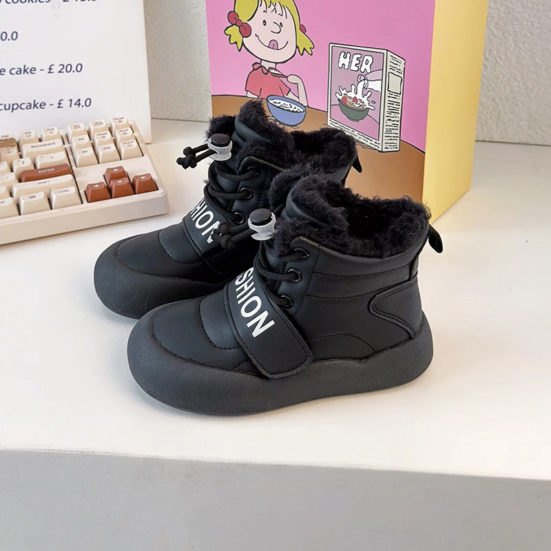 Botas de nieve para niños y niñas, botas de algodón cálidas de fondo grueso, moda informal versátil, botas de felpa para niños, Patchwork, punta redonda, nuevo