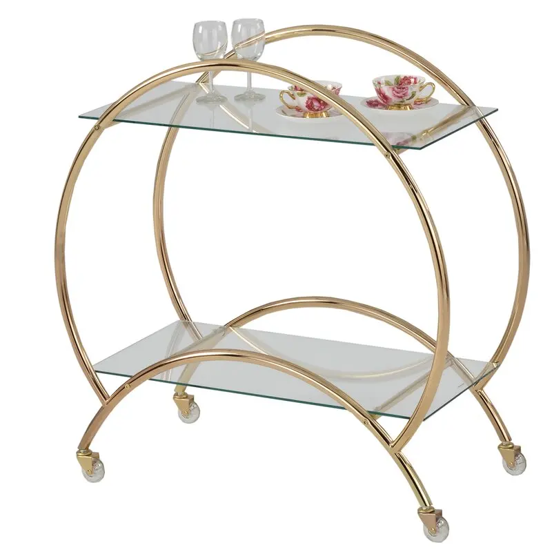 

Gold Contemporary Round Drinks Salon Metal Glass Coffee Kitchen Serving Trolley Bar Cart