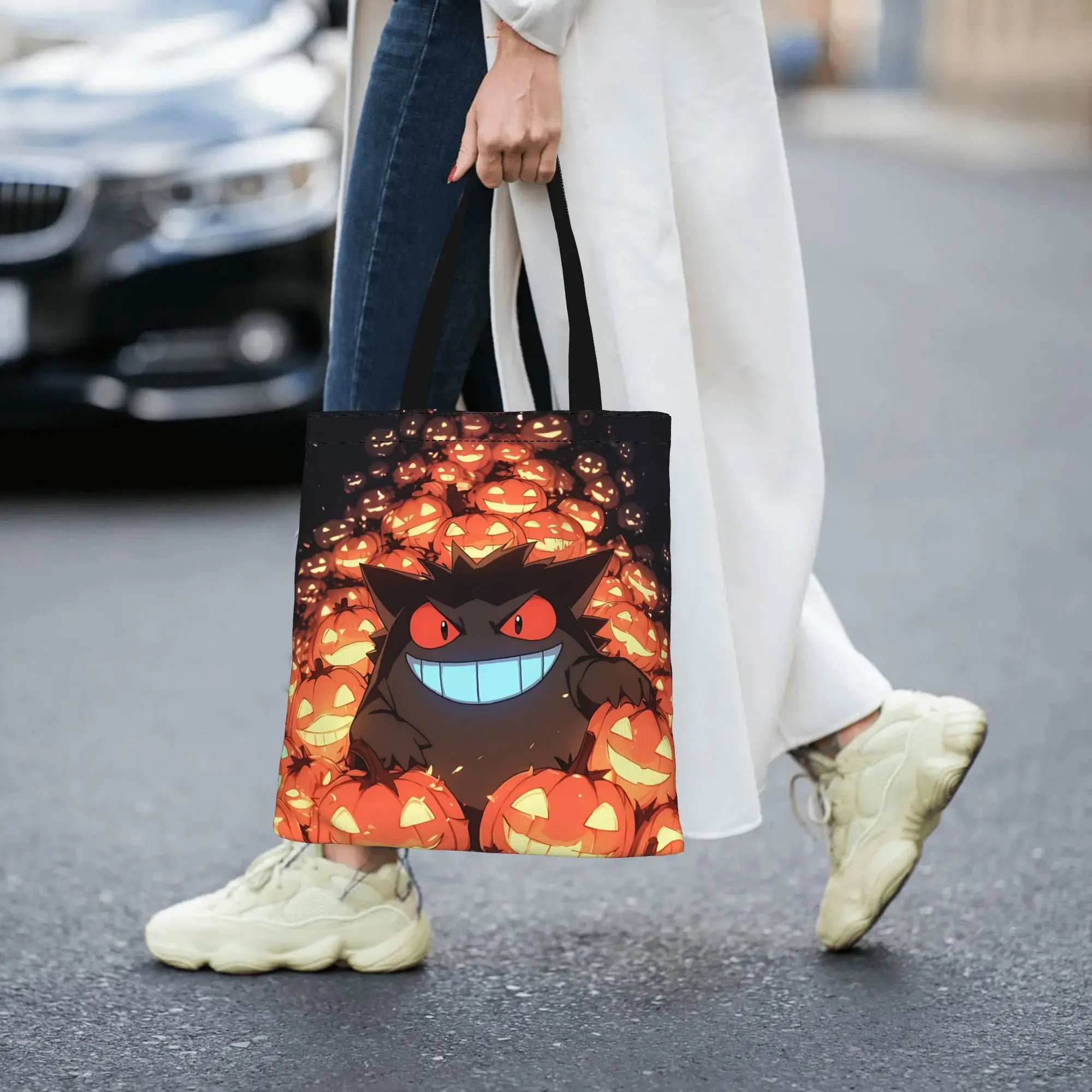 Customized Pokemon Gengar Pumpkin Halloween Women's Bag Shopping Bag Reusable Double Sided Canvas Tote Bag Shoulder  Handbag