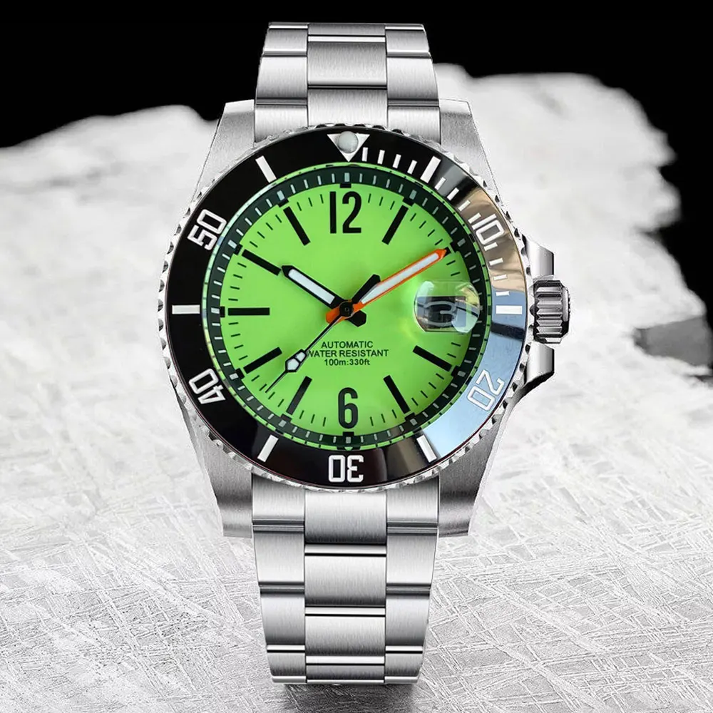 Green Dial Full Lume 40mm Tandorio NH35 Automatic Wristwatch for Men Date Display Cyclops Steel Bracelet Sapphire Crystal 20ATM