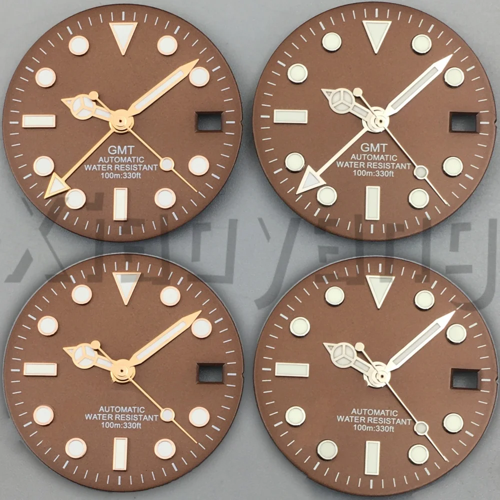 

Циферблат кофейных часов 29 мм, серебряная/розовое золото, лампа и указатели с зеленым светом, подходит для механизмов NH34/NH35, автоматические детали часов