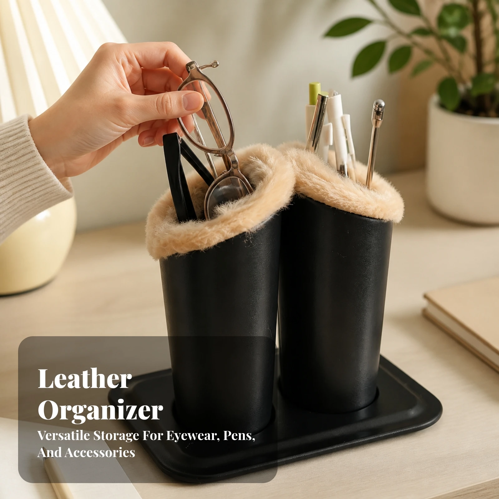 Upright Desk Organizer with Cylindrical Receptacles Compact Hard-Shell Leather Desk Organizer Eyeglass Display Rack Soft-Lined