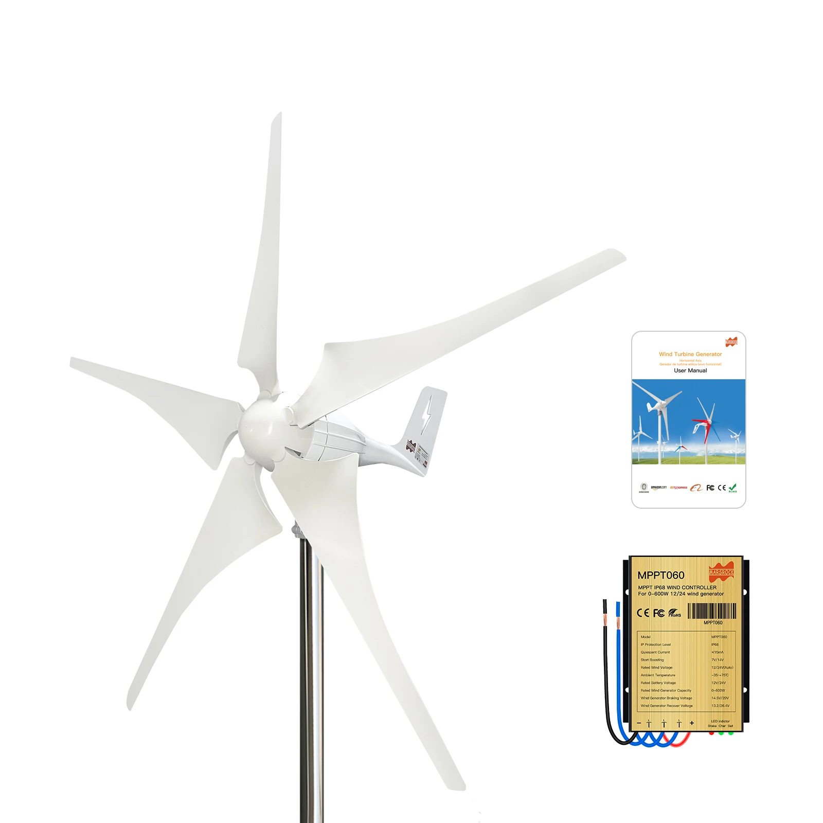 5 blades 600W Wind turbine generator 12V 24V Residential AC Hawt Wind Mill with Free MPPT Controller Charging Indicator LED