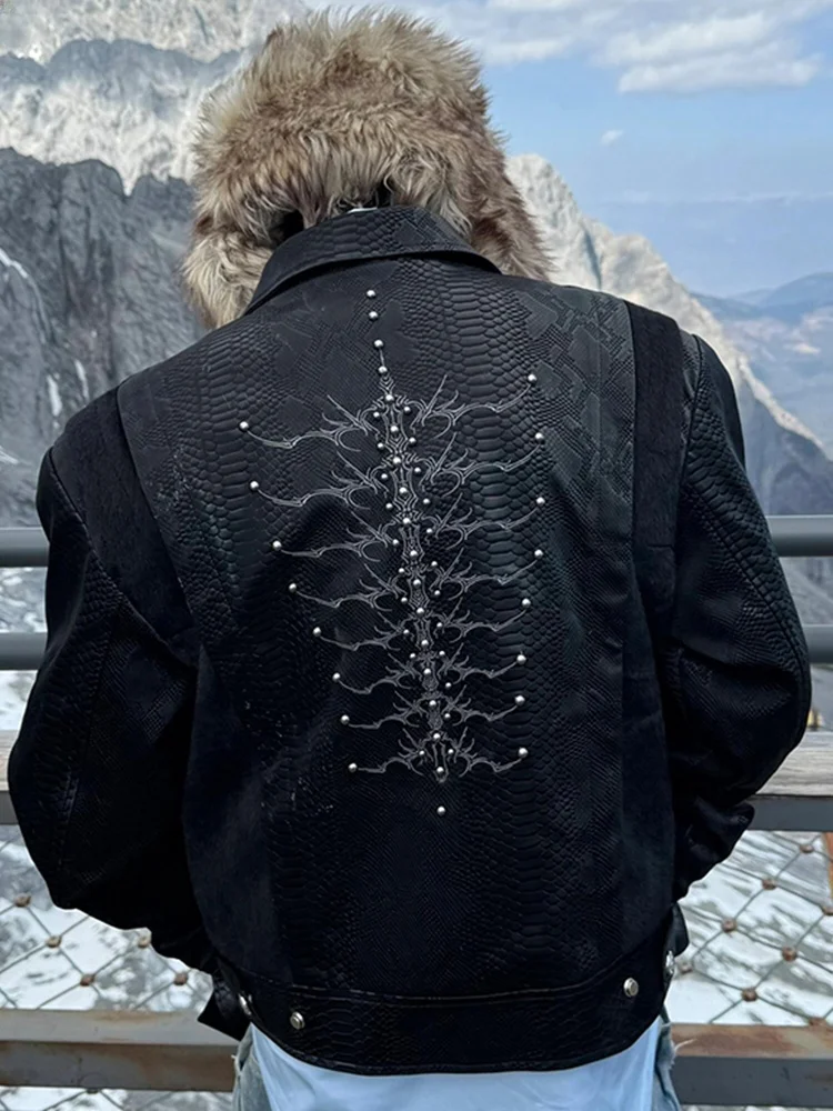 

Куртка из искусственной кожи для мужчин, весна-осень, дизайн «змеиная кожа» с костяным узором, повседневная, в стиле байкерской моды, для молодежи